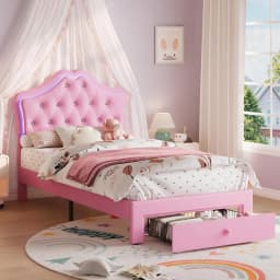 Twin XL Velvet Upholstered Platform Bed Frame With LED Headboard, Crystal Button Tufting, Storage Drawer, Noise Free, No Box Spring