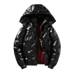 Men's Shiny Black Hooded Puffer Jacket Embossed Logo Warm Winter Coat Elastic Rib Hem Casual Outerwear