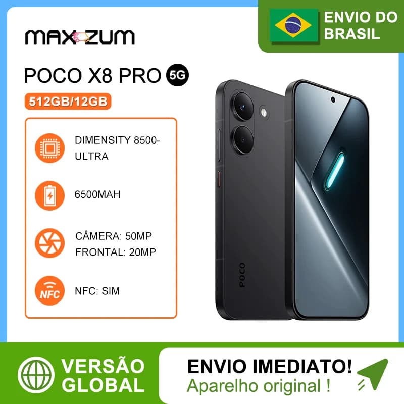 Poco X8 PRO 5G, 512GB/12GB, MediaTek Dimensity 8500-Ultra, Bateria 6500mAh, Câmera 50MP ,Versão Global