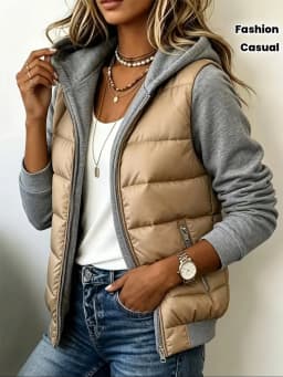 Women's Color Block Hooded Puffer Jacket -Quilted Zip Up Coat with Contrast Sweatshirt Sleeves, Casual Lightweight Winter Outer