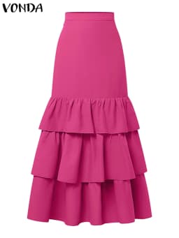 VONDA Women Skirts Elegant Solid Color Party Overskirt 2025 Summer Beach A-Line Ruffled Jupe Casual Loose Bottoms Oversized