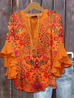Stylish Women's Ruffle Sleeve Printed Blouse Lightweight Soft Fabric Fashion Shirt For Office And Daily