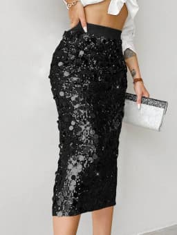 Women's Solid Color Sequin Midi Skirt High Waist Bodycon Sparkly Pencil Skirt Elegant Party Skirt For Evening Event & Dating