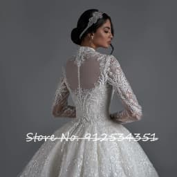 O-Neck Pearls Back Long Sleeve Beaded Appliques Shiny Sequins Lace Princess Ball Gown Wedding Dress Vestido De Novia