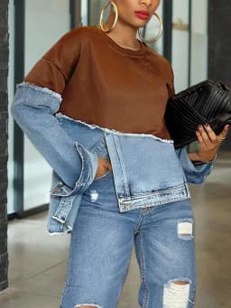 Mock Two-Piece Denim Insert Sweatshirt Raw-Edge Crewneck Long Sleeve Top Retro Fusion Pullover Women Chic Spring Fall Streetwear