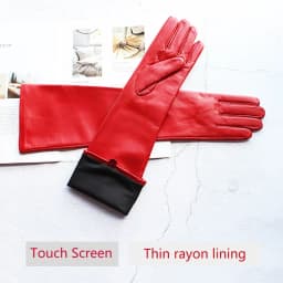 Women's Touch Screen Long Leather Gloves Thin Colored Sheepskin Fashion Stage Wear Autumn Silk Lining Sleeves