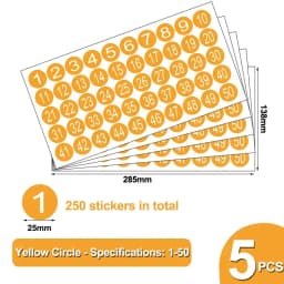 5pcs/Bag Number 1-50 Color Circular Adhesive Sticker -1 Inch Waterproof Code Number Label Clothing Size Label