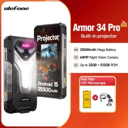 Ulefone Armor 34 Pro + Projector Rugged Phone 16GB+512GB Night Vision 6.95'' Android 15 Dimensity 7300 25500mAh 5G Smartphone