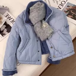 Women's Quilted Puffer Jacket with Corduroy Trim Stand Collar, Button Front, Cropped Lightweight Winter Coat