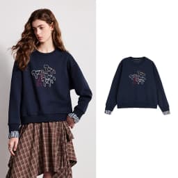 TOYOUTH Women's Pullover 2026 Spring New Crew Neck Plaid Patchwork Double-layered Pony Embroidery Loose Top