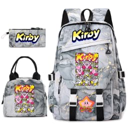 Kirby Cartoon Print Student Backpack Set for Girls with Lunch Bag and Pencil Case School Bookbag Lightweight Daypack