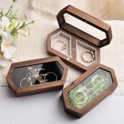 Custom Personalized Octagonal Walnut Wooden Ring Box Box + Black Velvet Pouch Engraved Engagement and Wedding Ring Holder Gift