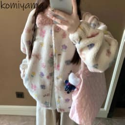 Lamb Fur Print Jacket New Coats & Jackets Autumn Winter 2026 Outerwears Lapel Long Sleeve Chamarras Korean Style Clothes Woman