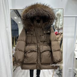 Lagabogy 2025 Winter Women's Medium-Length White Duck Down Jacket Female Thick Waist-Fitted Puffer Coat Large Real Raccoon Fur