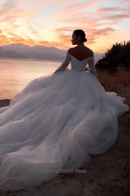 Customized Off Shoulder Lace Long Sleeves Glitter Tulle Skirt High Slit Bridal Dress For Wedding Dress For Rustic Beach Wedding