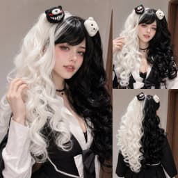 Easihair Black with Red Pink Highlight Long Straight Wig With Bangs Heat Resistant Synthetic Hair Gothic Halloween Cosplay Wigs