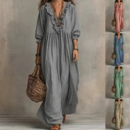 2026 New Spring Summer Long Dress Elegant Striped Ruffled Loose High-Waisted V-Neck Fashion Casual Dress Large Size Beach Robe