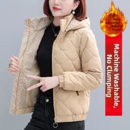 Women's Short down Cotton Jacket Warmth Outerwear Winter Coat plus Size Fluffy Coat Slimming Thickened Long Sleeve Zipper