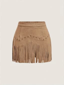 Women's Solid Color Suede Fringe Mini Skirt High Waist Studded Tassel Short Skirt Retro Casual Skirt For Daily Wear & Dating