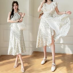 High Waist A-Line Floral Print Chiffon Halter Neck Dress Women's Summer New Style Belted Wrap Skirt Casual Polyester Fiber
