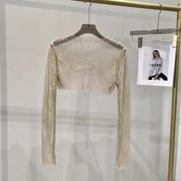 2025 New Summer Sexy Bright Diamond Short Thin Tops Slim Hot Drill Long-sleeved T-shirt Sexy Leak Waist Blouse