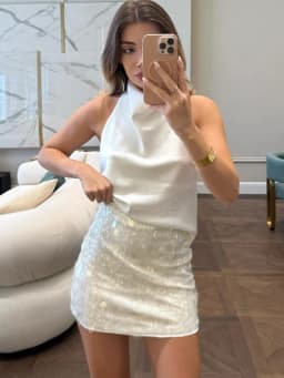 HH Elegant Women Solid Sequined Slim Mini Skirt 2025 Sparkling Party Style Skirt Female Sexy High Waist Short A-Line Skirt
