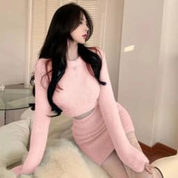 Sexy Women Slim Pullover Crop Top + High Waist Bag Hip Mini Skirt Ladies Solid Sweater Set Sweet Soft Mohair Short Skirt Suits