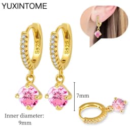 925 Sterling Silver Needle Pink Crystal Heart Hoop Earrings for Women Fashion Geometric Pendant Earrings Luxury Jewelry Gifts