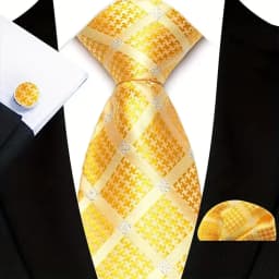 3Pcs Men's Yellow Color Stripes Plaid Solid Ties Pocket Square Cufflinks Wedding Prom Accessories 8cm Cravat Gift for Men