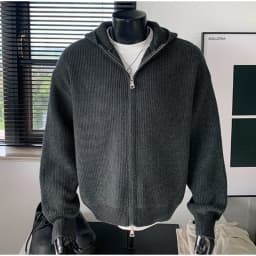 2026 New Autumn Winter Simple Solid Color Knitted Hoodie Men Japan Korean Fashion Casual Loose Double Zipper Hooded Jacket