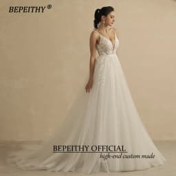 BEPEITHY Customized V Neck Spaghetti Straps A Line Lace Wedding Dresses For Women 2026 Shinny Sleeveless Boho Bridal Party Gown