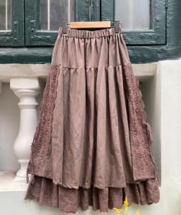 Johnature Vintage Mori Cotton Linen Patchwork Lace Skirts 2023 Autumn New All Match Elastic Waist Japanese A-Linen Women Skirts