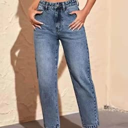 Classic Mid-Rise Cone-Shaped Jeans, Women's Medium Blue Jeans, Washed Denim Casual Pants, Comfortable and Versatile for Daily We