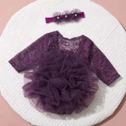 Ylsteed 2 Pieces Set Dusty Pink Newborn Lace Romper for Photo Shooting Fluffy Mesh Lace Photography Outfits with Headband