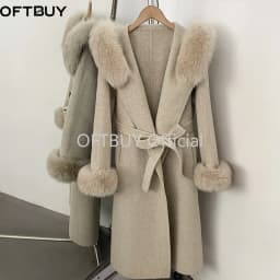 OFTBUY New Winter Warm Hood Solid Woolen Overcoat for Women Long Wool Blend Coat Women Real Fox Fur Belted Waist Jacket Female