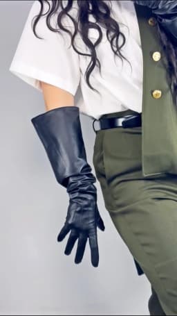 Unisex Black Real Leather Gloves Oversize Puff Sleeves Wide Elbow Long Genuine Goatskin Winter Warm Glove Evening Party Costume