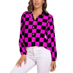Black Checkerboard Blouse Classic Black and White Checker Office Print Blouses Women Autumn Oversize Long Sleeve Casual Shirts