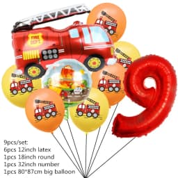 9pcs Fireman Sam Foil Number Balloons Set Happy Birthday Party Deco Ball Boy Gift Fire Truck Holiday Baby Shower Party Supplies