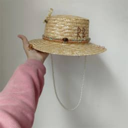 Metal letter beige straw hat handmade design hat pearl chain summer sun hat new letter hat beach women gorras para hombres