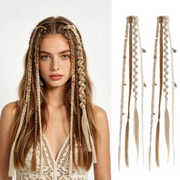 Clip in Braid Hair Extensions for Women, 20" Boho Dreadlock Clip in Braids with Beads & Charms, 2PCS Synthetic Braided Hairpiece