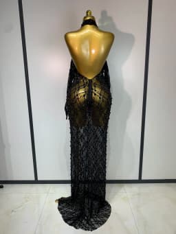 Women Luxury Black Pearls Lace Backless See Through Long Dress With Gloves Evening Club Party Celebrity Elegant Stage Costume