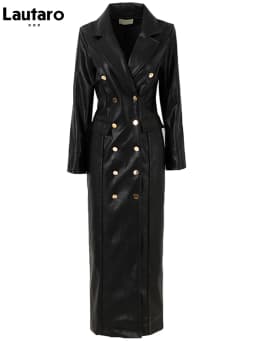 Lautaro Spring Autumn Extra Long Black Faux Leather Trench Coat for Women Double Breasted Luxury Elegant British Fashion 2022