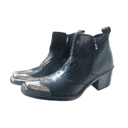 Men's Cowhide Serpentine Print Metal Decor Pointed Toe Belt High‑Heel Short Boots Western Cowboy Boots For Stage Show Party