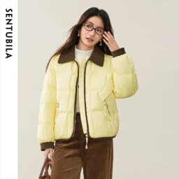 SENTUBILA 90% White Duck Down Jacket Women's 2026 Color Contrast Lapel Zip Pocket Coat Winter Loose Warm Outerwear W64YC7611