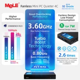 MeLE SE Grade Quieter 4C Fanless Mini PC N150 8GB 128GB Windows 11 Pro USB-C PD3.0,Triple 4K Display, 0dB Silent, Compact Design