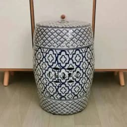 White Porcelain and Drawn Blue Shoe Hand Changing Stool Ceramic Drum Bathroom Neoclassical Imitation Sitting Stool Low Round