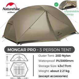 Naturehike Mongar 2 UL/PRO 1-2 Person Backpacking Tent Nylon Waterproof Ultralight Travel Trekking Shelter Tent with Footprint