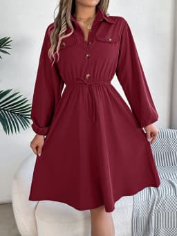 Autumn Winter Dresses for Women Casual Solid Color Button Tie Up Long Sleeved Shirt Dress Blue Green Black Red Woman Clothing