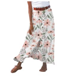 Summer Women's Skirt Cotton Linen Important Button Slit Flower Print Fashion Versatile Vacation Beach Midi Skirt