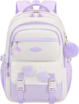 Primary Middle School Backpack for Girls Cute Backpack for School Pink School Bag for Teen Girls with Star Pins Furry Pendant